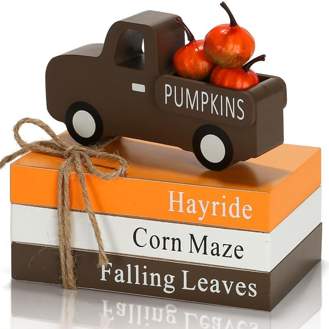 Fall Decorations for Home 7PCS Table Centerpieces, Tabletop Thanksgiving Decor for Tiered Tray Shelf Mantel Office Desk Thanksgiving Autumn Decoration Farmhouse Wood Faux Book Stack and Pumpkin Sign