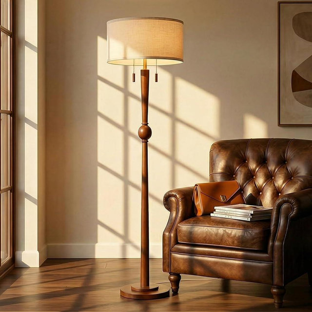 MOFFE 62.8" Solid Oak Wood Floor Lamp, Tall Standing Floor Lamp with 2-Light Pull Chain, 17" Linen Drum Shade, Sculptural Wood Base, Transitional Floor Lamp for Living Room Bedroom, Includes 2 Bulbs