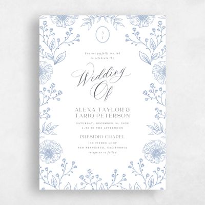 Blue Floral Wedding Invitation - Gavina Portrait