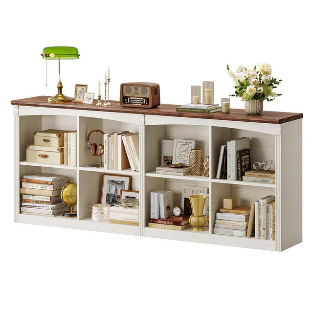 UPOSOJA 63’’ Extra Long 8 Cube Storage Organizer Bookcase,Long Bookshelf, Cube Shelf with Adjustable Shelves, 2 Tiers Floor Standing Book Shelf for Home and Office,White