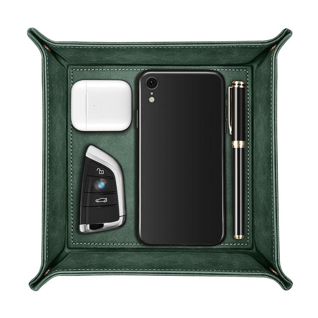 SITHON Valet Tray Desktop Storage Organizer – Premium PU Leather Catchall Bedside Vanity Tray Nightstand Caddy Holder for Remote Controller, Keys, Phone, Wallet, Coin, Jewelry, Dark Green