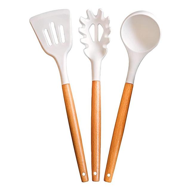 White Silicone Utensils 3 Piece - Acacia Wood Handle Spatula Set, Including Turner, Spaghetti Server, and Ladle - Heat Resistant Spatulas 3 Piece Set