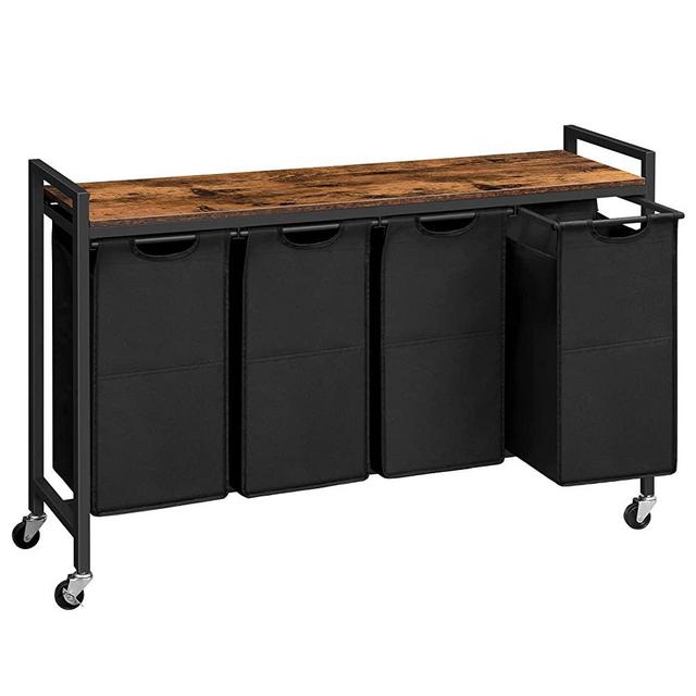 HOOBRO Laundry Hamper Cart, 4-Compartment Laundry Basket, 4 × 10.5 Gal (39.8L), Rolling Laundry Sorter Organizer, Pull-Out and Removable Oxford Fabric Laundry Bags, Rustic Brown and Black BF04XY01