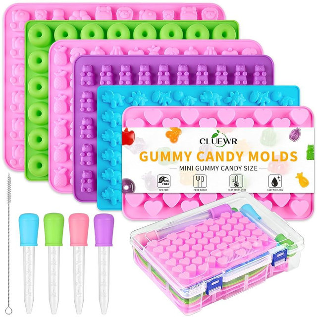 6 Pcs Mini Gummy Candy Molds Set, Silicone Bear Donut Dinosaur Fruit Snack Molds with 4 Droppers, Storage Box and Brush for Small Jello Candy Chocolate Gummy