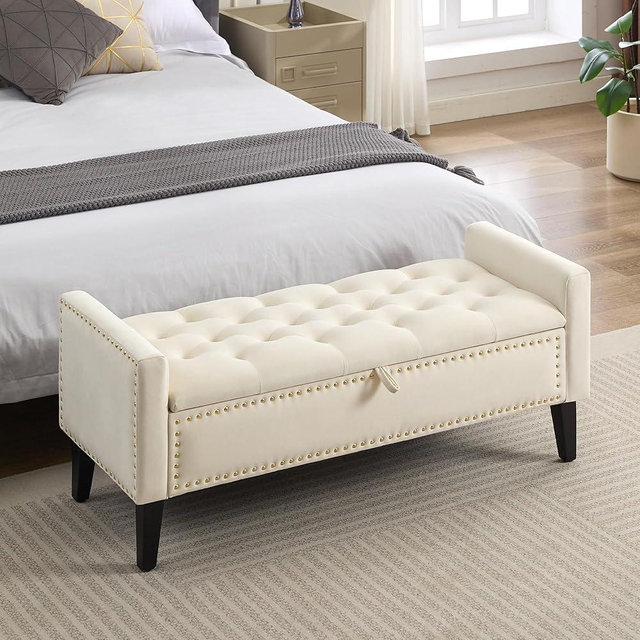WUTUTUEE 47" Velvet Storage Bench, Upholstered Bed Bench with Storage, End of Bed Ottoman with Wooden Legs,Bedside Storage Bench for Bedroom, Living Room, or Entryway, Beige