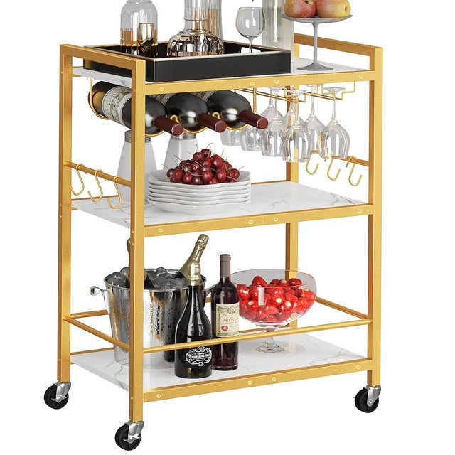 TUTOTAK Bar Cart - Serving Cart for Home - Microwave Cart, Drink Cart, Mobile Kitchen Shelf with Wine Rack and Glass Holder, Rolling Beverage Cart BC01BMG030