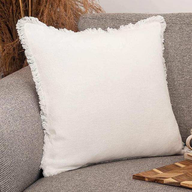 Inspired Ivory Linen Throw Pillow Covers - Decorative Farmhouse Linen Pillow Covers with Fringe - Soft Solid Square Cushion Cover for Sofa, Couch, Bed Decor (18x18 Inch, Off White)
