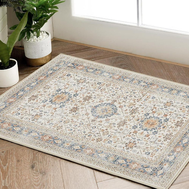 jinchan Area Rug 2x3 Washable Rug Entryway Distressed Orange Multi Vintage Rug Floral Rug Kitchen Print Floor Cover Indoor Doormat Retro Accent Rug Bathroom Living Room Bedroom Office Farmhouse