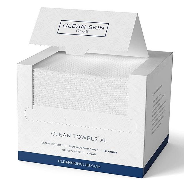 Clean Skin Club - Clean Towels XL | World's 1ST Biodegradable Face Towel | Disposable Makeup Removing Wipes | Dermatology Tested & Approved | 100% Organic & Cruelty Free | Super Soft for Sensitive Skin (50 Count (Single Box))
