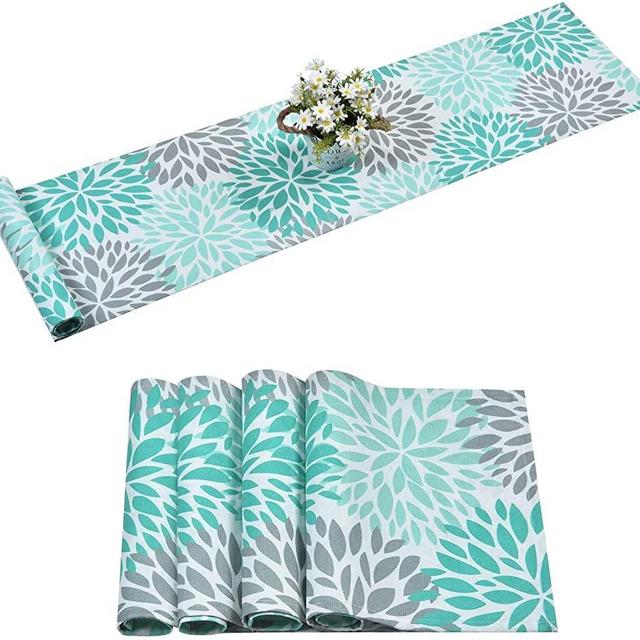 Dahlia Pinnata Table Runner with 4 Placemats Green Gray Print Flower Table Runners Set for Dinner Parties, Catering Events, Indoor and Outdoor Parties (Teal, 1pcs Table Runner+4pcs Placemats)