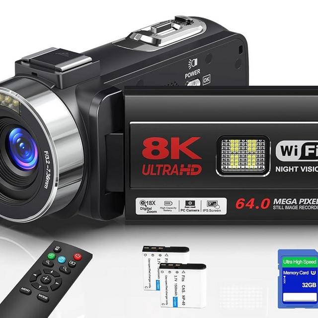Yollner 8K Video Camera 64MP Camcorder IR Night Vision Vlogging Camera, 18X Zoom WiFi Digital Touch Screen Camcorder for YouTube with 32GB SD Card, Remote Control, and Two Batteries