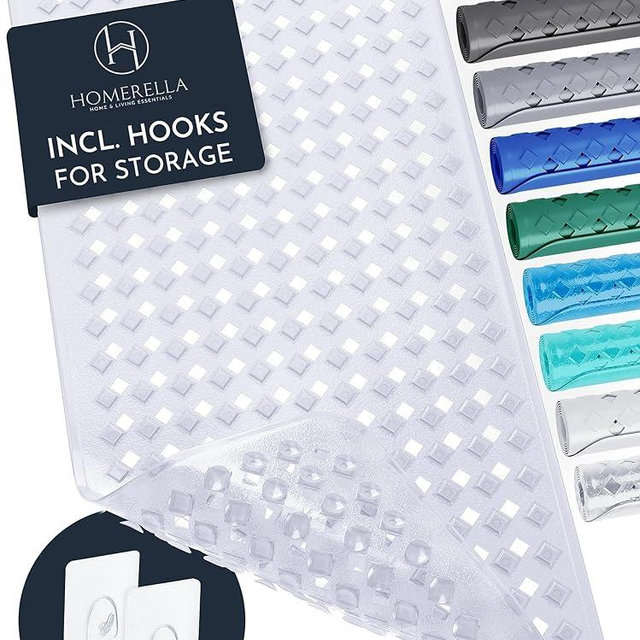 Homerella Bathtub Mat Anti-Slip Skin Sensitive 34.5 x 15.5 inches, INCL. Hooks for Hanging | Anti-Slip Tub Mat | Shower Mat Machine Washable | Bath Mat for Tub Anti-Slip (Clear)