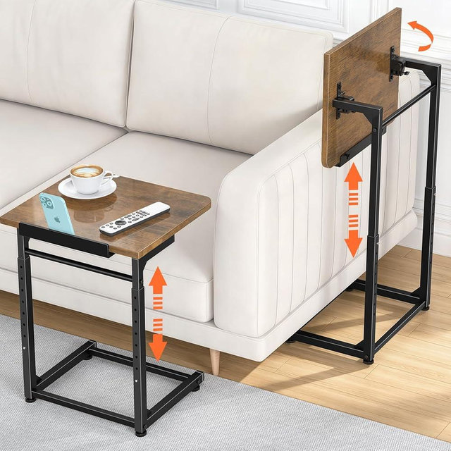Tv Tray Table Set of 2, 8-Level Adjustable Height Couch Side Table，90° Tilt Angle Adjustments C-Shaped End Table, with Phone & Tablet Slot Sofa Computer Desk for Couch, Sofa, Bed, Chair, Living Room