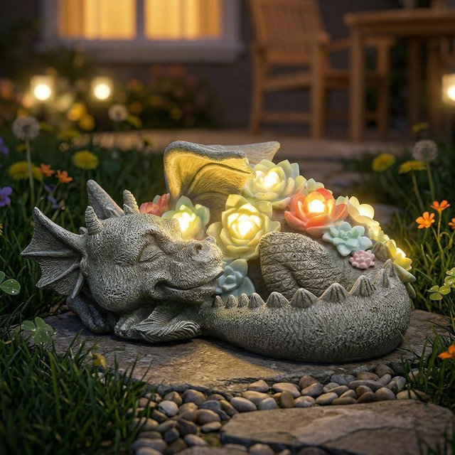 Garden Dragon Statue Outdoor Decor, Coiled Sleeping Dragon Figurine with Solar Light Succulent, Waterproof Resin Garden Sculpture for Outside Lawn Patio Yard Ornament