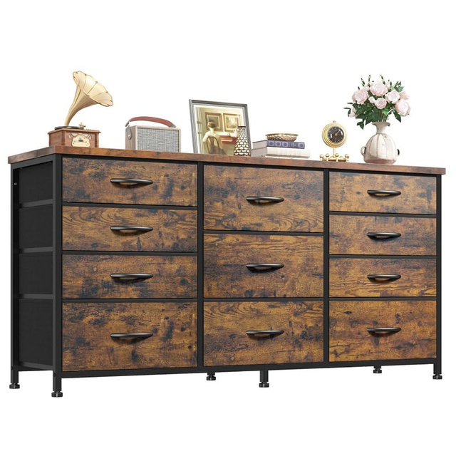 Romorgniz Dresser for Bedroom with 11 Fabric Drawers, Sturdy Organizer Unit TV Stand for 55" TV for Entryway, Living Room, Dorm,Metal Frame,Wood Top (Rustic Brown)