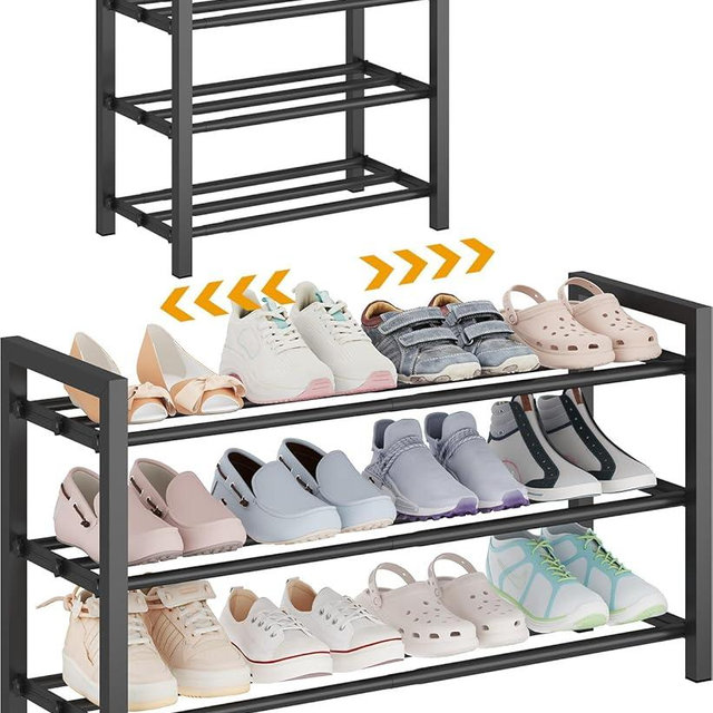 Detsuk 3-Tier Expandable Shoe Rack – Adjustable Heavy-Duty Metal Shoe Organizer Shelf for Closet, Entryway, Mudroom & Garage – Durable Freestanding Storage, Black