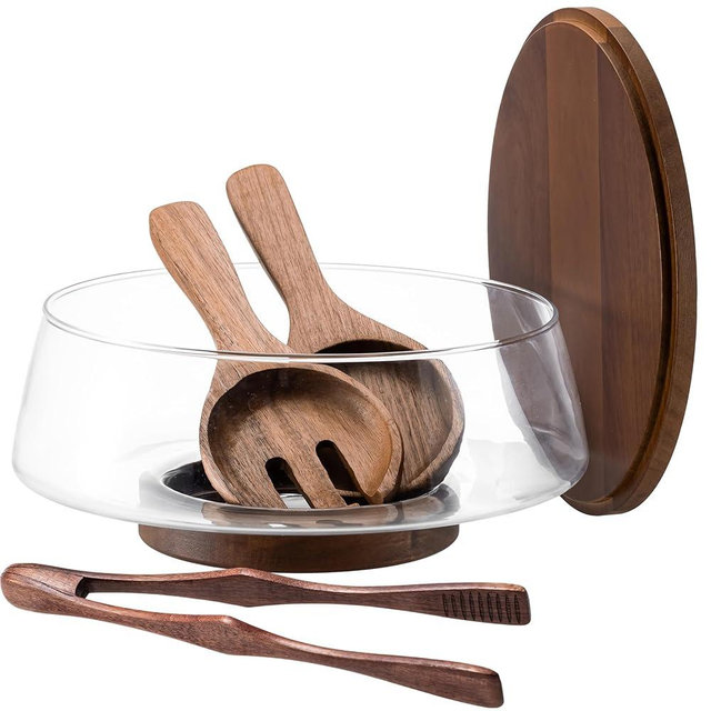 Extra Large Glass Salad Bowl Set, 4.8Qt Mixing Bowl with Acacia Wood Lid, Base and Salad Serving Utensils, Clear Serving Bowl Trifle Bowl, Elegant Salad Bowls for Kitchen,Parties,Christmas