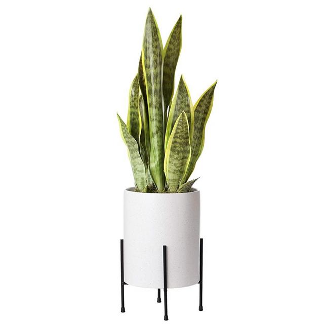Mid Century Planter with Stand Included | 8 Inch Ceramic Plant Pot with Stand Perfect as an Indoor Planter for Snake Plant | Modern Large Ceramic Planter with Drainage Hole | Planter with Legs | White