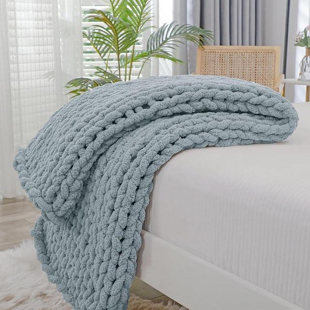 Bigacogo Chunky Knit Blanket Throw 40"x60", 100% Hand Knitted Chenille Throw Blanket, Soft Thick Yarn Cable Knit Blanket, Cute Rope Knot Crochet Throw Blankets for Couch Bed Sofa (Dusty Blue)