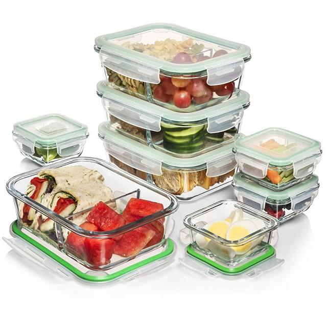 Glass Bento Boxes for Adults, 2 Compartment Glass Lunch Containers with Lids (Set of 8 4 cup & 1/2 cup) Airtight, Leak proof, Oven, Microwave & Freezer Safe, Reusable Portions Set, Stain & Odor Resistant (Green)