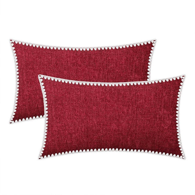 BRAWARM Throw Pillow Covers 12x20 Inches - Deep Red Chenille Pillow Covers with Shell Edge, Pack of 2 Solid Dyed Soft Chenille Pillow Cases for Couch Sofa Bed Home Decoration