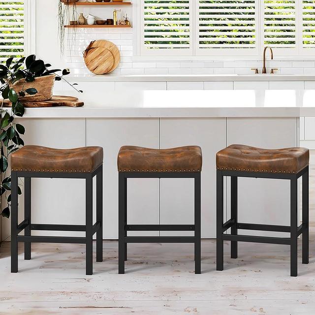 LUE BONA Counter Height Bar Stools, 24 Inch Saddle Backless Bar Stools Set of 3 for Kitchen Counter, Faux Leather Counter Stools with Black Metal Legs, Modern Kitchen Island stools, Yellowish Brown