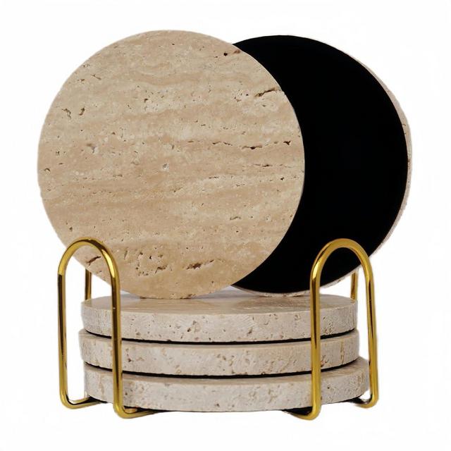Marble Coasters with Holder, Round Natural Travertine Coasters for Drinks, Coasters Set of 5, Stone Coasters Suitable for Kinds of Cups, Modern Beige Marble Coaster for Coffee Table Office Home Décor