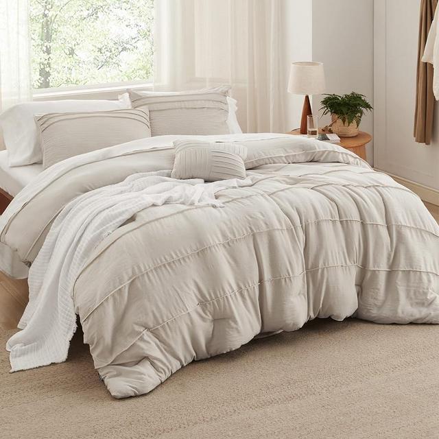 Bedsure Beige California King Comforter Set - 4 Pieces Pinch Pleated Bed Set, Down Alternative Bedding Sets for All Season, Includes 1 Comforter, 2 Pillowcases, and 1 Decorative Pillow