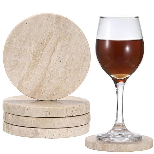JUXYES Set of 4 Unique Travertine Stone Coasters with Soft Mat, Natural Stone Coasters Round Marble Coasters for Drinks Coffee Tea, Personalized Vintage Coasters for Restaurant Bar Coffee Table, 4 in