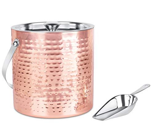 BirdRock Home Ice Bucket with Scoop & Lid - 2.8 Liter Hammered 18/8 Stainless Steel Container for Bar - Double Wall Insulated Bucket with Carrying Handle - Great for Parties - (Copper)