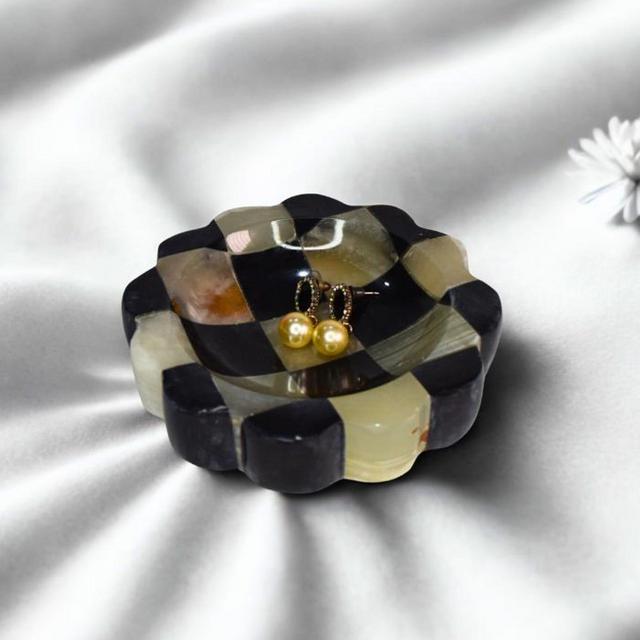 Checkered Onyx Catchall - Scalloped Jewelry Dish Stone Marble Bowl Hand Carved Bowl, Candle Holder