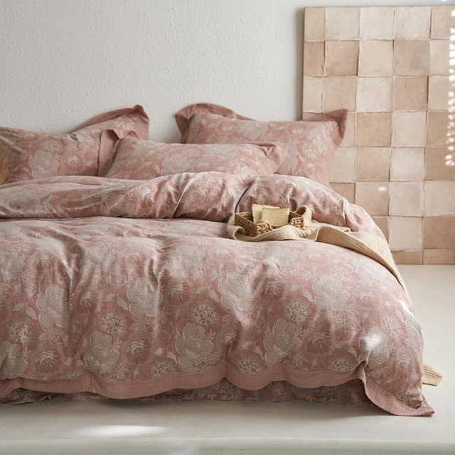 VM VOUGEMARKET Jacquard Floral Duvet Cover Set King,Yarn-Dyed Cotton Blush Pink Flower Duvet Cover Bordered,Vintage Garden Style Bedding Set King Size 3 Pieces