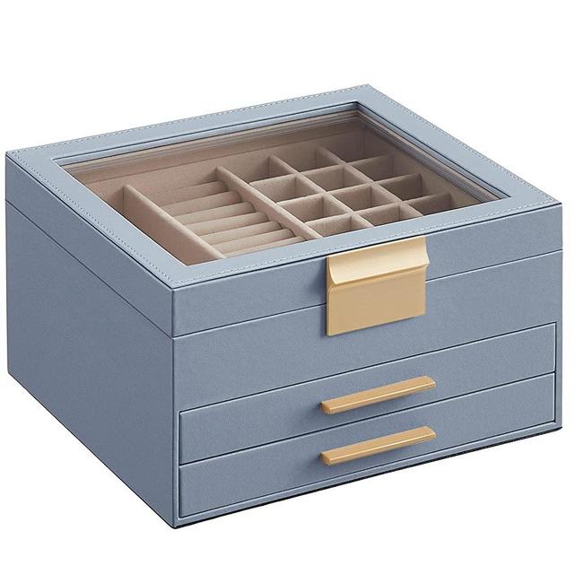 SONGMICS Jewelry Box with Glass Lid, 3-Layer Jewelry Organizer, 2 Drawers, Jewelry Storage, Plenty of Storage Space, Modern Style, Gift for Loved Ones, Smoky Gray and Gold Color UJBC239Q01