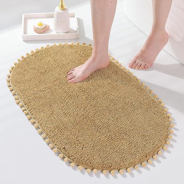 YIRDDEO Beige Pom Bath Rug for Bathroom Non Slip, Cute Boho Pom Oval Absorbent Shower Mat, Plush Soft Washable Rug (20" x 30")
