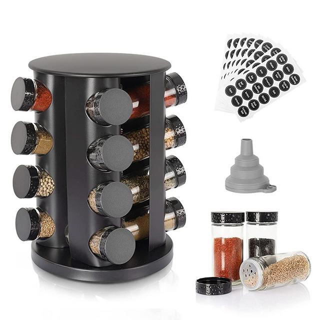 Black Countertop Rotating Spice Rack, Empty 16-Jars Revolving Spice Rack Organizer, Round Carousel Spice Rack Tower, 135 Spice Labels with Funnel Complete Set, for Kitchen Countertop, Cabinet