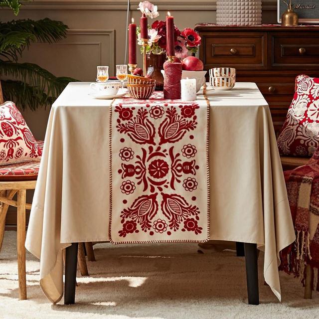 Embroidered Red Floral Christmas Table Runner, Tweed Double-Sided Holiday Dining Decor