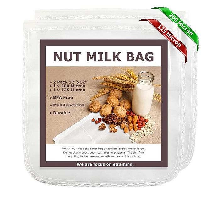 Nut Milk Bags, 12"x12", 2 Pack, Reusable Nylon Food Strainer, Multi-use Food Grade Filter for Almond Milk, Juice, Cheese, Tea, Cold Brew Coffee(1x200 Micron & 1x125 Micron)