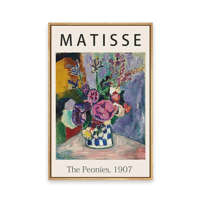 Gufro Matisse Wall Art Framed Canvas Print The Peonies,1907 Famous Paintings,Matisse Colorful Peony Flower Illustration Canvas Print Artwork for Living Room, Bed Room, Office-12x16in Natural Framed
