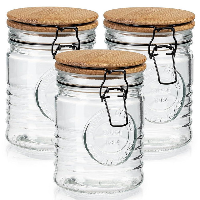kitchentoolz Glass Storage Jars with Airtight Lids - Set of 3 Mason Storage Containers for Cereal, Coffee & Rice - 23 Ounce Pantry Organizing Canister Set
