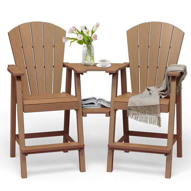 SUUNYN Tall Adirondack Chairs Set of 2, HDPE High Adirondack Chairs with Double Removable Trays, All Weather Outdoor Barstools for Patio, Balcony, Backyard, Deck and Garden, Teak