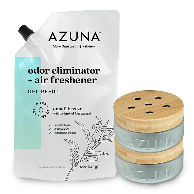 Azuna Air Freshener & Odor Eliminator Gel 2 Room Kit, Includes (2) 8 oz. Empty Luxe Glass Jars & 12 oz. Refill with Tea Tree Essential Oil, Amalfi Breeze, Works 24/7 for 60-90 Days