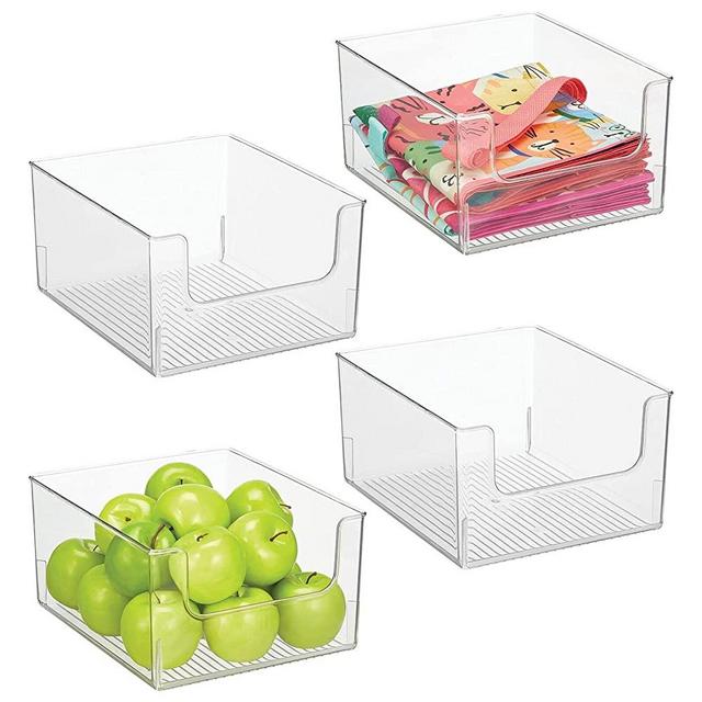 Plastic Open Front Food Storage Bin for Kitchen Cabinet, Pantry, Shelf,  Fridge/Freezer - Organizer for Fruit, Potatoes, Onions, Drinks, Snacks,  Pasta - 5 Tall - 4 Pack - Clear