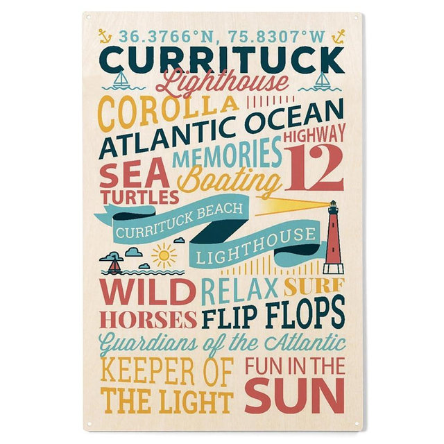 Lantern Press 10x15 Inch Wood Sign, Ready to Hang Wall Decor, North Carolina, Currituck Lighthouse, Typography