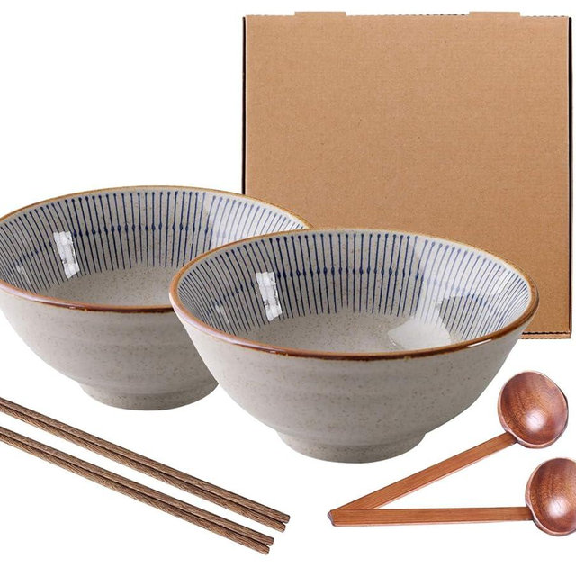 Eudazl 40oz Japanese Style Ceramic Ramen Bowl Set of 2, 8 Inch Large Capacity Noodle Bowls with Chopsticks & Wooden Spoons, Gray Bowls with Blue Stripes for Ramen, Pho, Udon, Soup & Asian Food