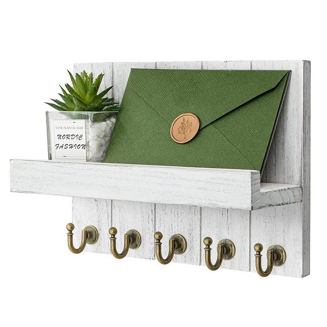 Rebee Vision Key and Mail Holder for Wall: Key Hanger for Wall with Shelf Wood Wall Shelf with Hooks - 5 Hooks for Wall Decorative Retro Hanging Organizer Rustic Farmhouse Decor for Entryway - White