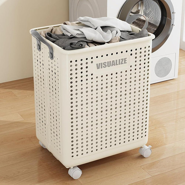 HGZBS Collapsible Laundry Basket with Wheels and Handle, Plastic Foldable Laundry Hamper, Versatile Portable Storage Basket, Durable and Practical for Laundry and Bathroom (White, Large)