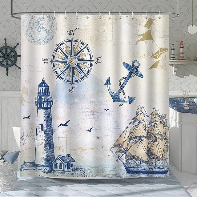 Bonhause Nautical Sailboat Shower Curtain for Bathroom Lighthouse Compass Anchor Decorative Bath Curtain 72 x 72 Inch Polyester Fabric Waterproof Bathroom Curtain with 12 Hooks