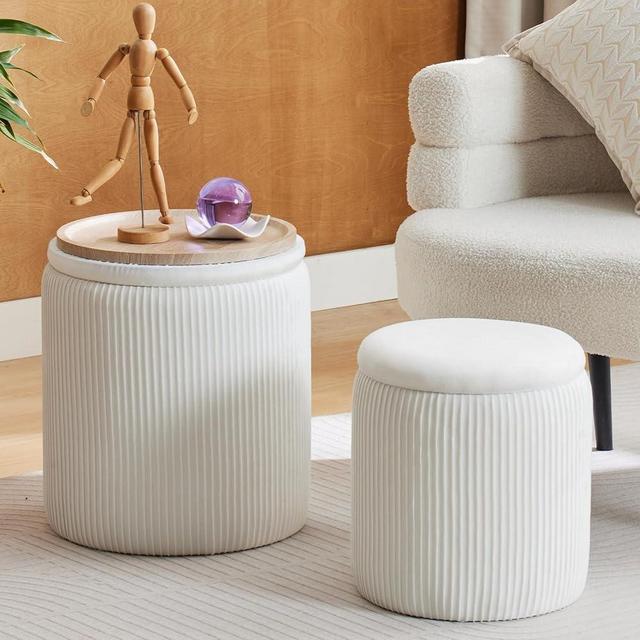 BLEXA Round Ottoman with Storage Set of 2-Upholstered Velvet Vanity Stool for Makeup Multifunctional Ottomans Coffee Table Padded Seat Foot Rest for Living Room&Bedroom (White-Upgrade Tray Lid)