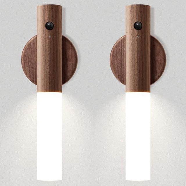 Chilvane Motion Sensor Light Indoor Night Light Wall Sconce Wooden Rechargeable Portable Magnetic Battery Operated LED Night Light for Kids Bathroom Toliet Light Closet Bedroom,Walnut Wood Pack 2