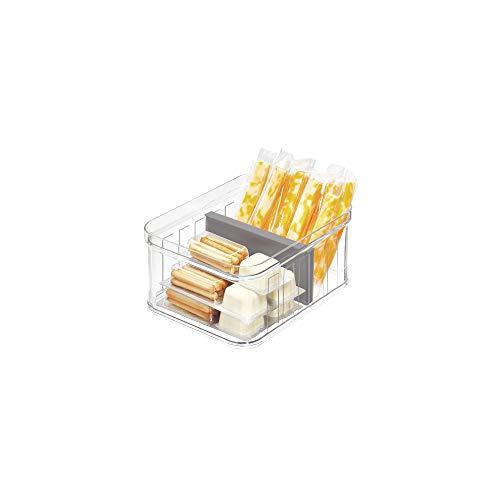 iDesign Crisp Plastic Refrigerator and Pantry Divided Bin, Modular Stacking Food Storage Box for Freezer, Fridge, Office, Cabinet, Bathroom, BPA Free, 8.32" x 6.32" x 3.76", Clear and Gray